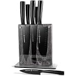 Cuisine::pro Damashiro 8-Piece Satori Knife Block - Japanese Steel Knife Set with Acacia Wood Knife Block -Damascus-Inspired Blade